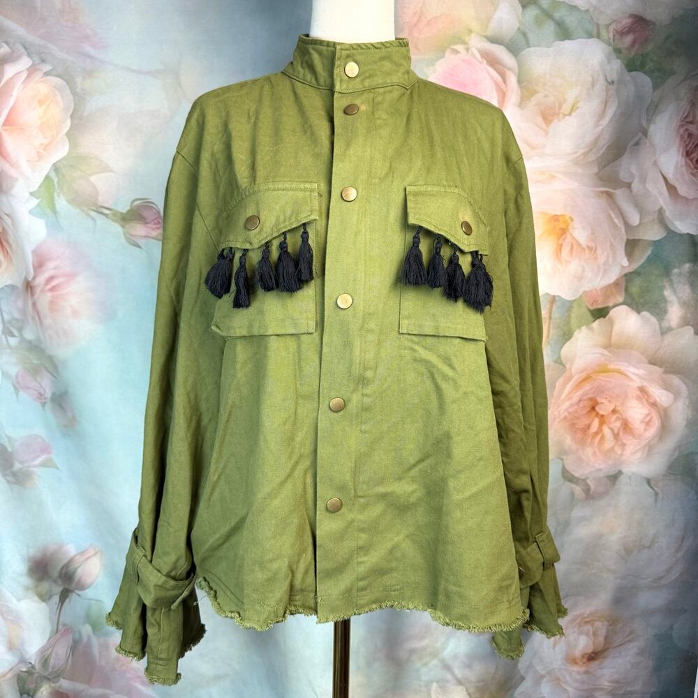 Lush Olive Green Tassle Pocket Snap & Zip Closure Utility Jacket